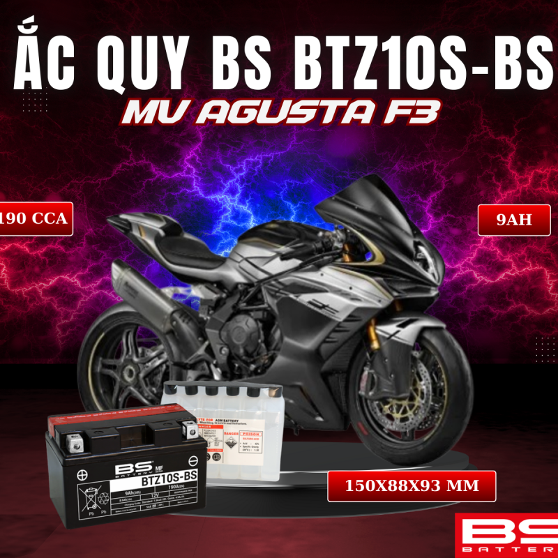 BÌNH ẮC QUY BS BATTERY BTZ10S-BS 190CCA MV AGUSTA F3 (150 x 88 x 93 mm)