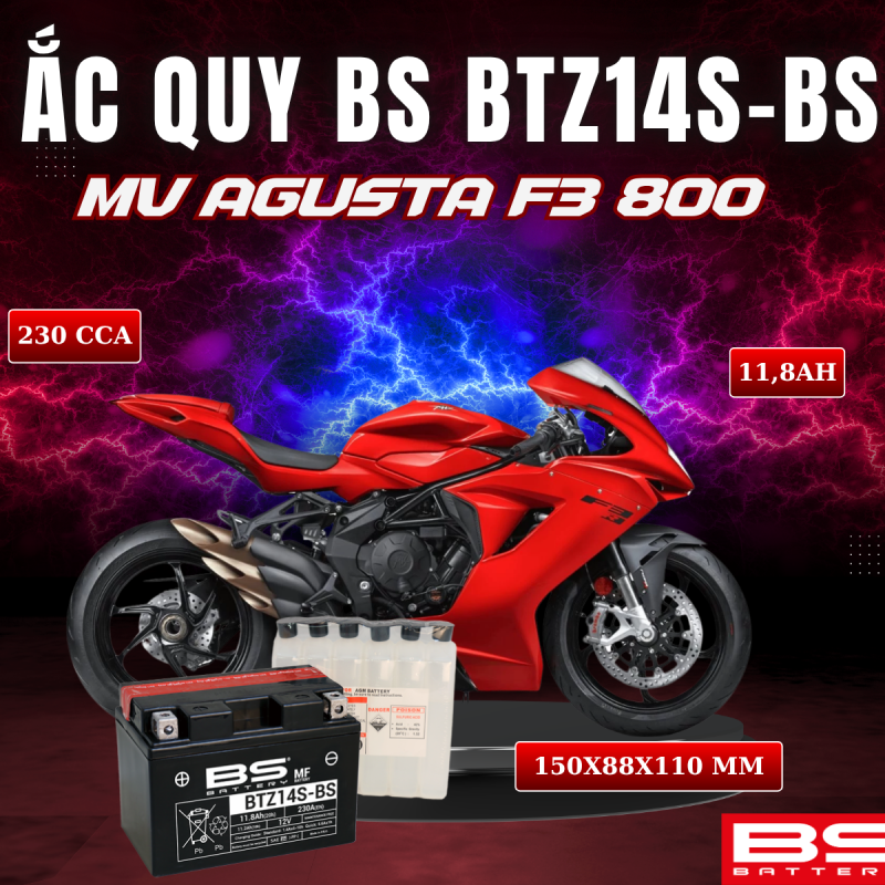 ẮC QUY BS BATTERY BTZ14S-BS 230CCA MV AGUSTA F3 800 (150 x 88 x 110mm)