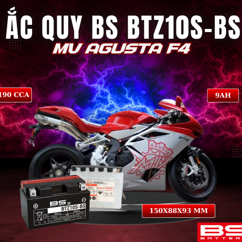 BÌNH ẮC QUY BS BATTERY BTZ10S-BS 190CCA MV AGUSTA F4 (150 x 88 x 93 mm)