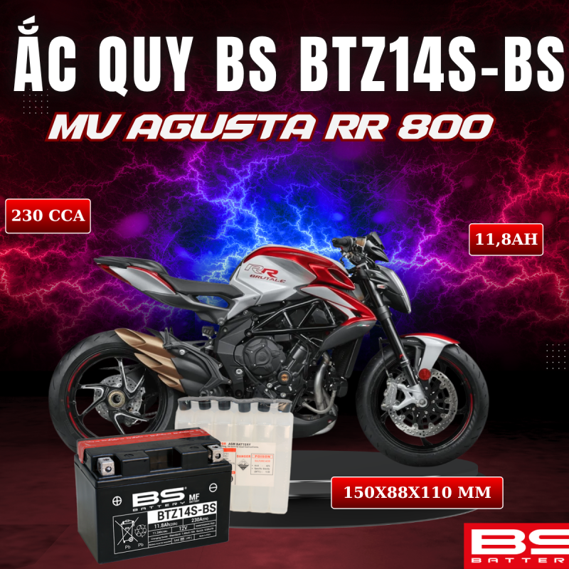 ẮC QUY BS BATTERY BTZ14S-BS 230CCA MV AGUSTA RR 800 (150 x 88 x 110mm)