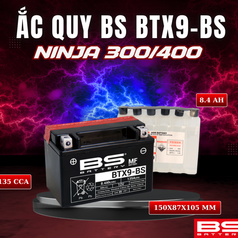 ẮC QUY BS BATTERY BTX9-BS 135CCA KAWASAKI NINJA 400 (150 x 87 x 105 mm)