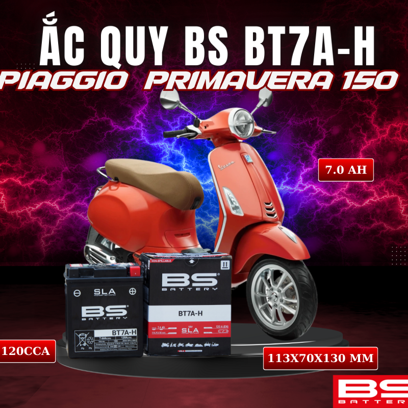 BÌNH ẮC QUY BS BT7A-H 120CCA PIAGGIO PRIMAVERA 150 (113x70x130 mm)