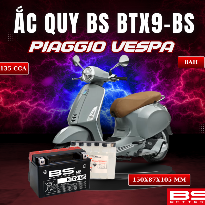 BÌNH ẮC QUY BS BATTERY BTX9-BS 135CCA PIAGGIO VESPA (150 x 87 x 105 mm)