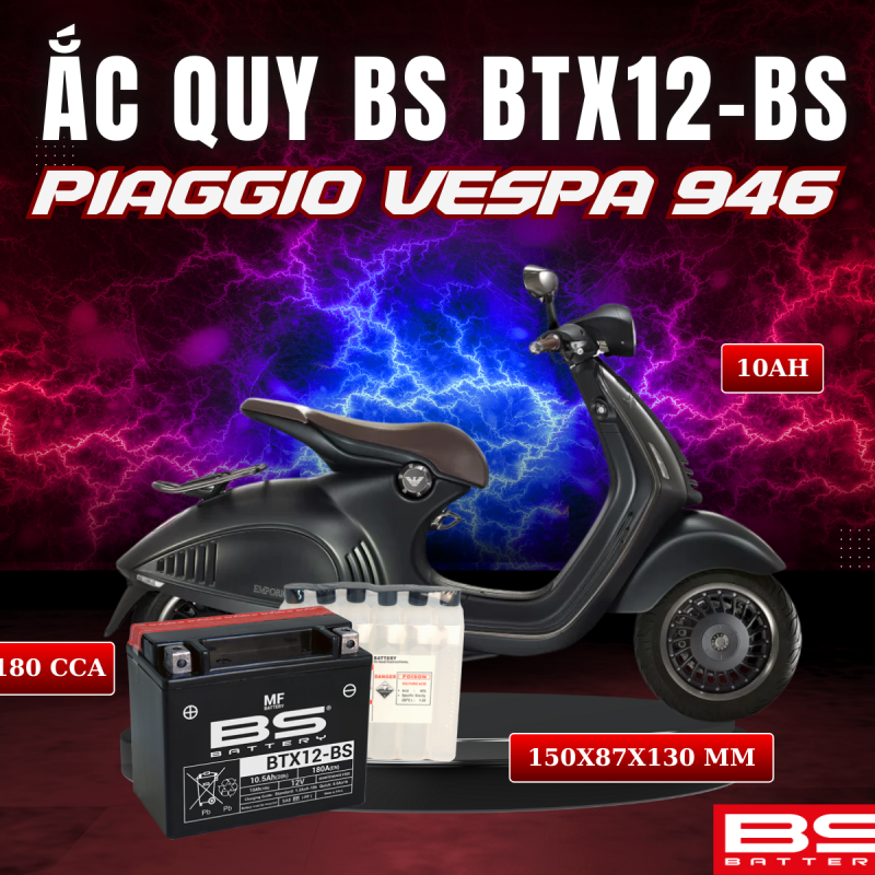 BÌNH ẮC QUY BS BTX12-BS 180CCA PIAGGIO VESPA 946 (150x87x130 mm)