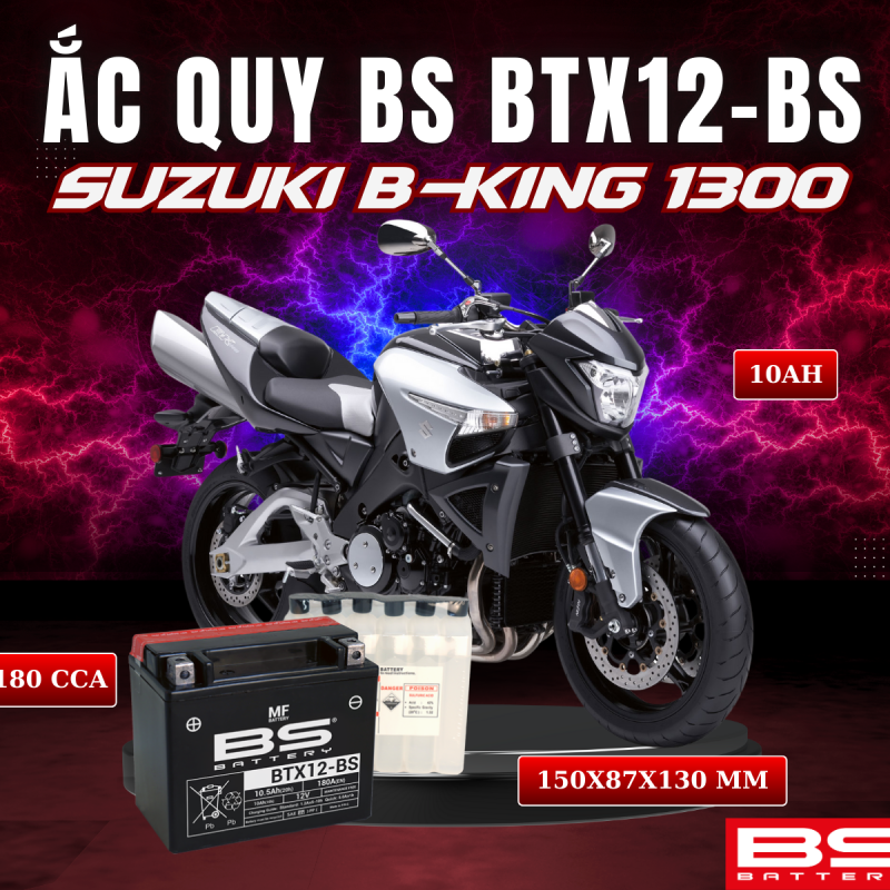 BÌNH ẮC QUY BS BTX12-BS 180CCA SUZUKI B-KING 1300 (150x87x130 mm)
