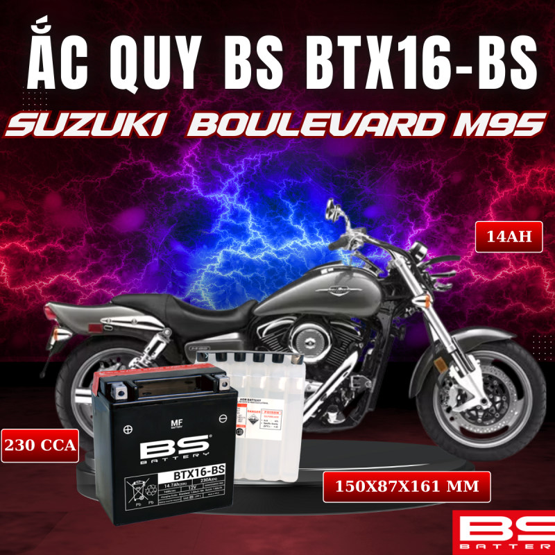 BÌNH ẮC QUY BS BTX16-BS 230CCA SUZUKI BOULEVARD M95 (150x 87x 161mm)