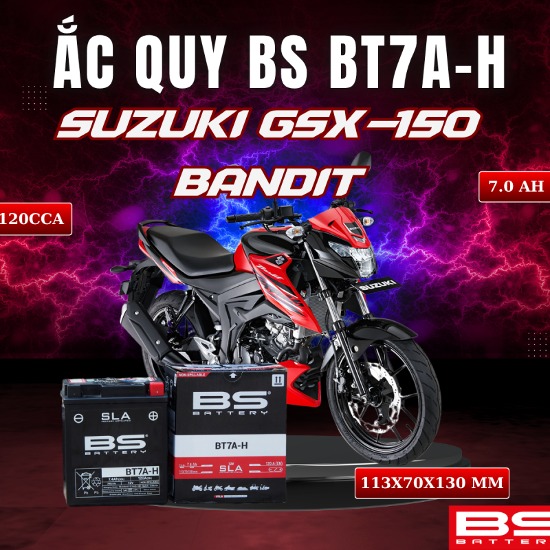 ẮC QUY BS BT7A-H 120CCA SUZUKI GSX-150 BANDIT (113x70x130 mm)