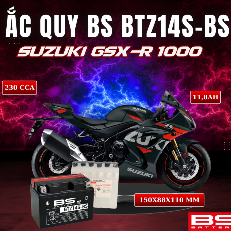 ẮC QUY BS BATTERY BTZ14S-BS 230CCA SUZUKI GSX-R 1000 (150 x 88 x 110mm)