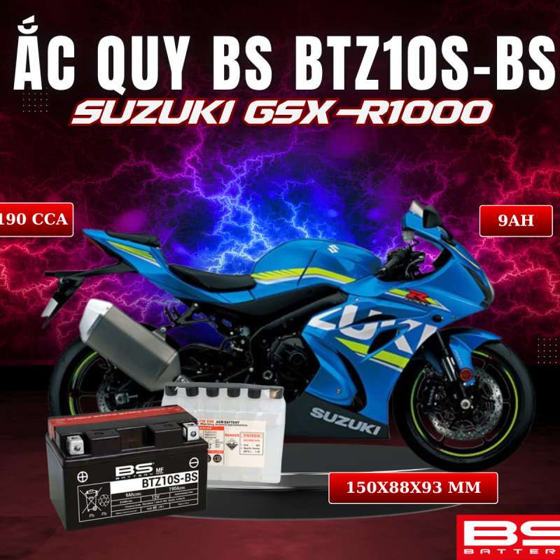 ẮC QUY BS BATTERY BTZ10S-BS 190CCA SUZUKI GSX-R1000 (150 x 88 x 93 mm)