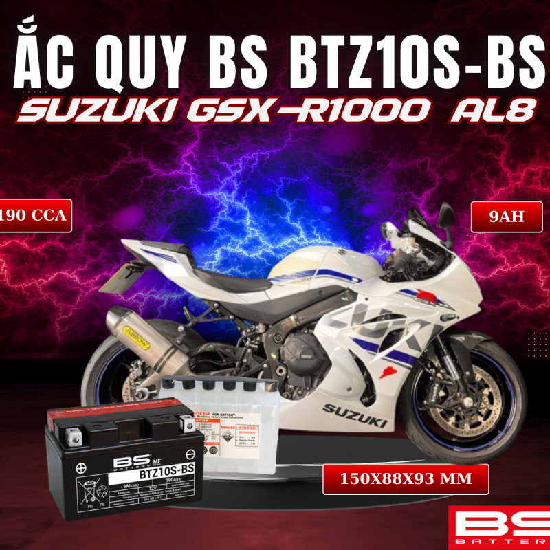 BÌNH ẮC QUY BS BATTERY BTZ10S-BS 190CCA SUZUKI GSX-R1000 AL8 (150 x 88 x 93 mm)