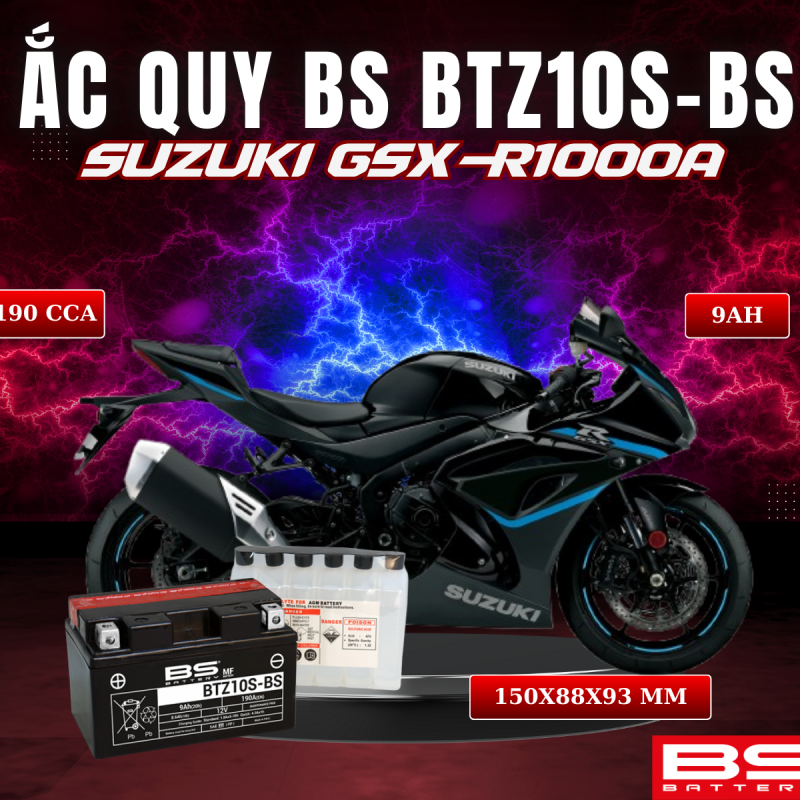 BÌNH ẮC QUY BS BATTERY BTZ10S-BS 190CCA SUZUKI GSX-R1000A (150 x 88 x 93 mm)