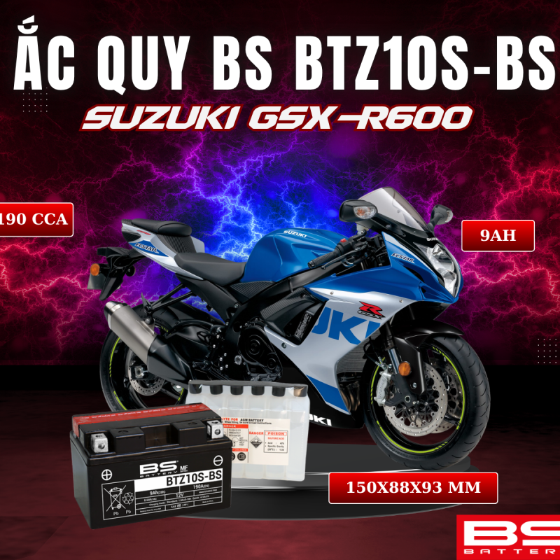 ẮC QUY BS BATTERY BTZ10S-BS 190CCA SUZUKI GSX-R600 (150 x 88 x 93 mm)