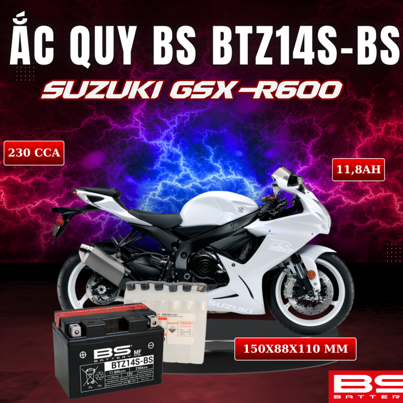 ẮC QUY BS BATTERY BTZ14S-BS 230CCA SUZUKI GSX-R600 (150 x 88 x 110mm)