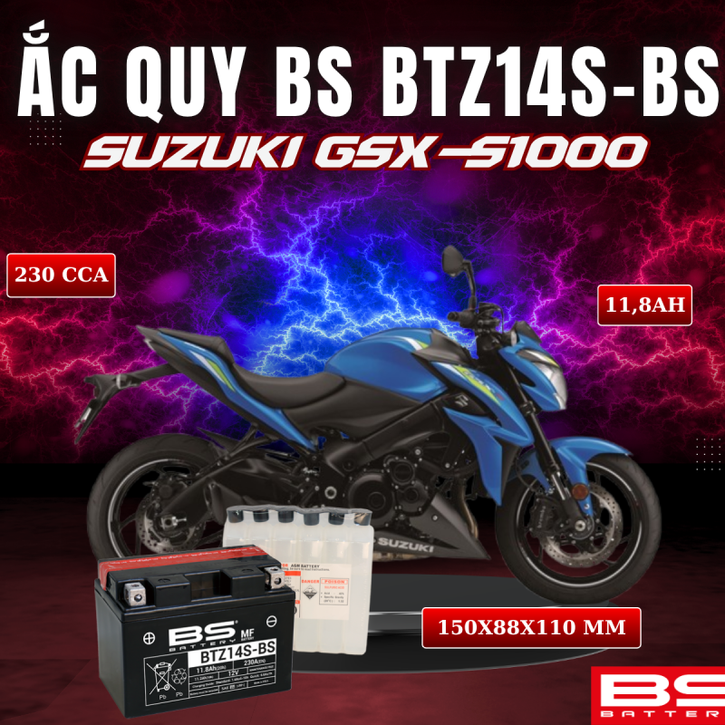 ẮC QUY BS BATTERY BTZ14S-BS 230CCA SUZUKI GSX-S1000 (150 x 88 x 110mm)