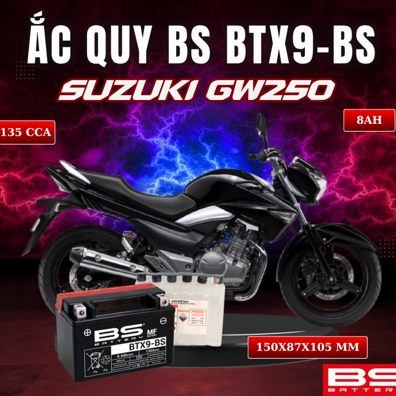 BÌNH ẮC QUY BS BATTERY BTX9-BS 135CCA SUZUKI GW250 (150 x 87 x 105 mm)