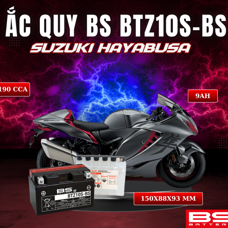 ẮC QUY BS BATTERY BTZ10S-BS 190CCA SUZUKI HAYABUSA (150 x 88 x 93 mm)
