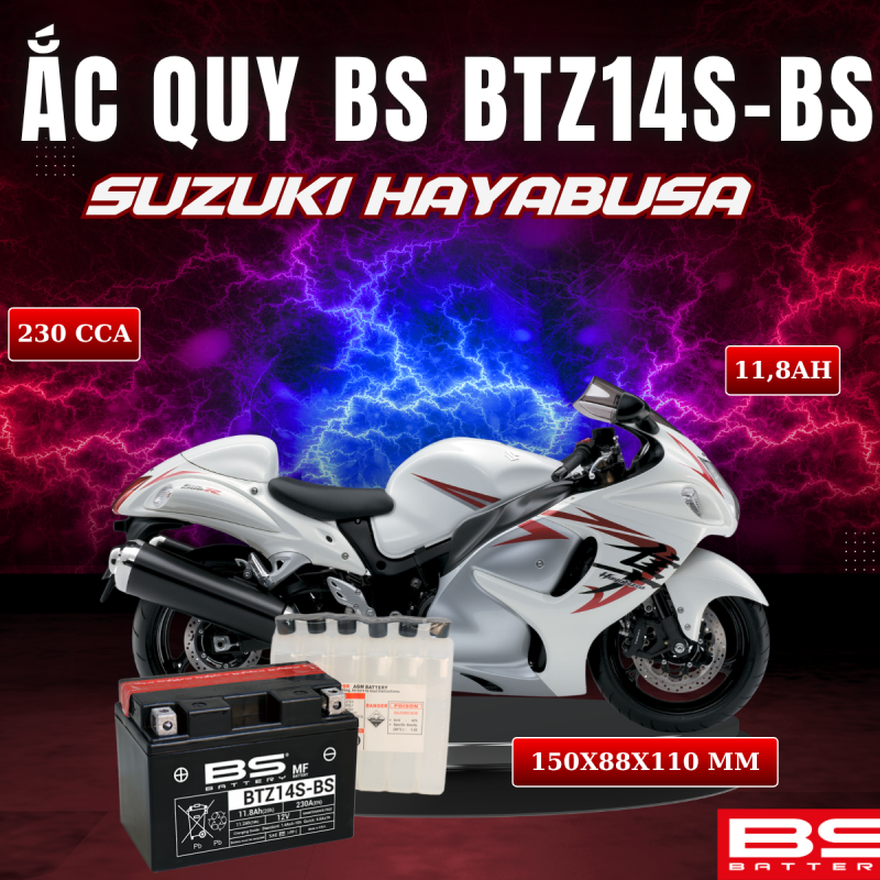 ẮC QUY BS BATTERY BTZ14S-BS 230CCA SUZUKI HAYABUSA (150 x 88 x 110mm)