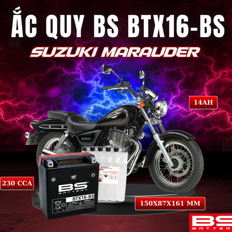 BÌNH ẮC QUY BS BTX16-BS 230CCA SUZUKI MARAUDER (150x 87x 161mm)