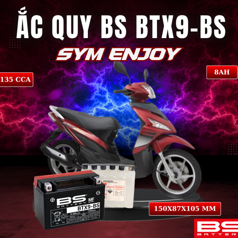 BÌNH ẮC QUY BS BATTERY BTX9-BS 135CCA SYM ENJOY (150 x 87 x 105 mm)