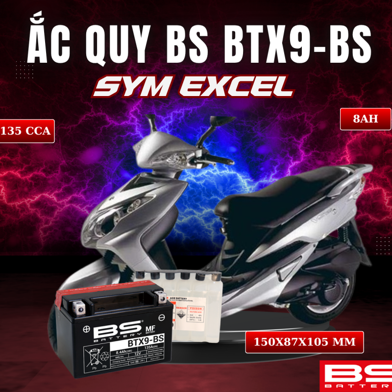 BÌNH ẮC QUY BS BATTERY BTX9-BS 135CCA SYM EXCEL (150 x 87 x 105 mm)