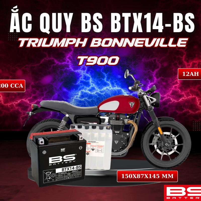 ẮC QUY BS BTX14-BS 200CCA TRIUMPH BONNEVILLE T900 (150x87x145 mm)