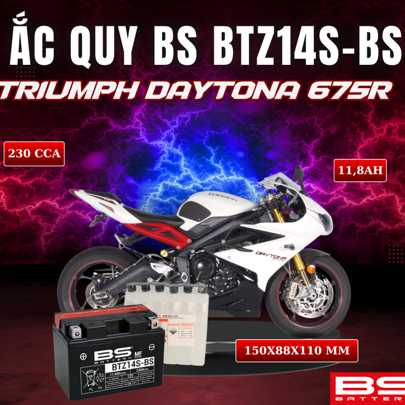 ẮC QUY BS BATTERY BTZ14S-BS 230CCA TRIUMPH DAYTONA 675R (150 x 88 x 110mm)