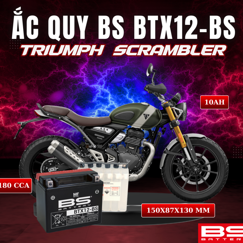 BÌNH ẮC QUY BS BTX12-BS 180CCA TRIUMPH SCRAMBLER (150x87x130 mm)