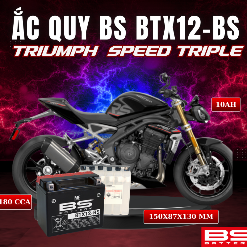 BÌNH ẮC QUY BS BTX12-BS 180CCA TRIUMPH SPEED TRIPLE (150x87x130 mm)