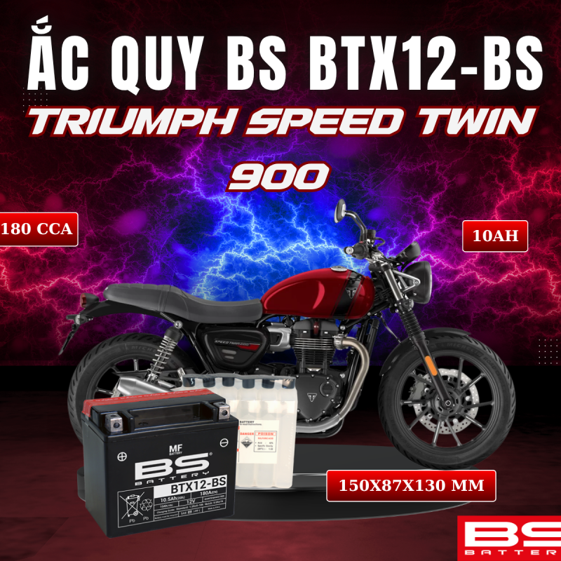 ẮC QUY BS BTX12-BS 180CCA TRIUMPH SPEED TWIN 900 (150x87x130 mm)