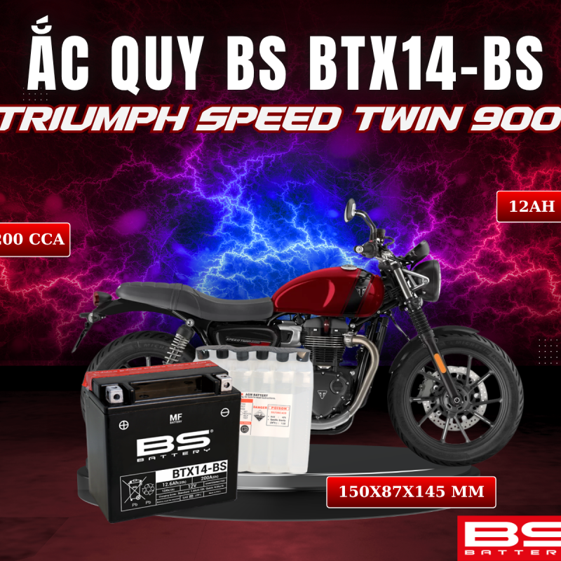 ẮC QUY BS BTX14-BS 200CCA TRIUMPH SPEED TWIN 900 (150x87x145 mm)
