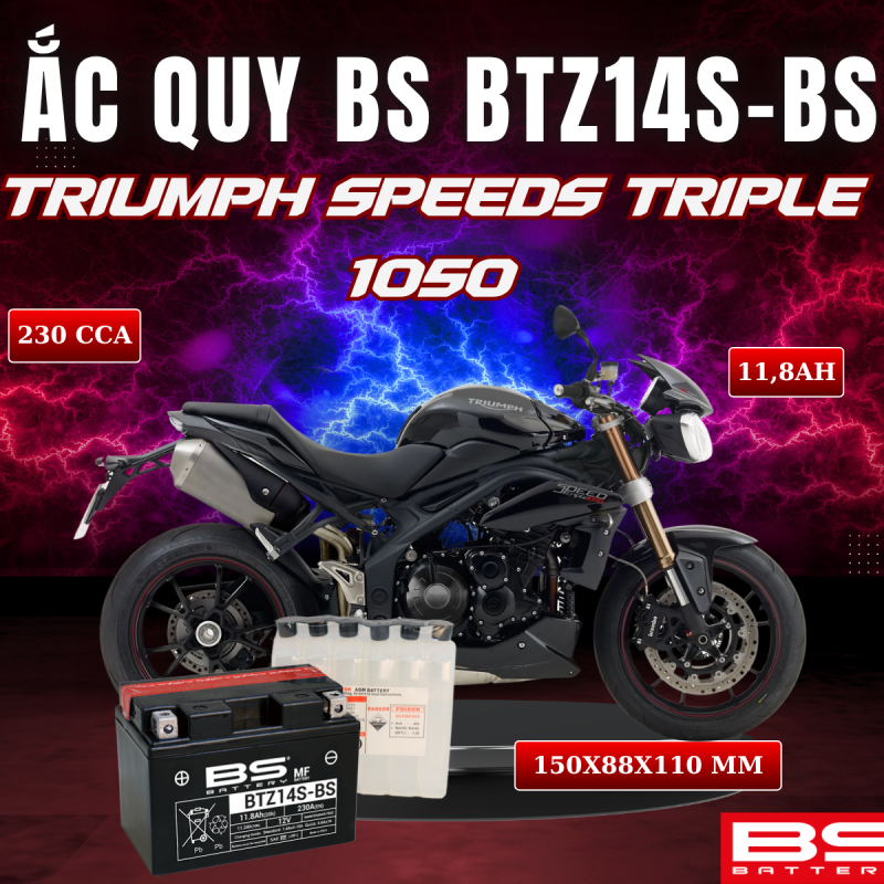 ẮC QUY BS BATTERY BTZ14S-BS 230CCA TRIUMPH SPEEDS TRIPLE 1050 (150 x 88 x 110mm)