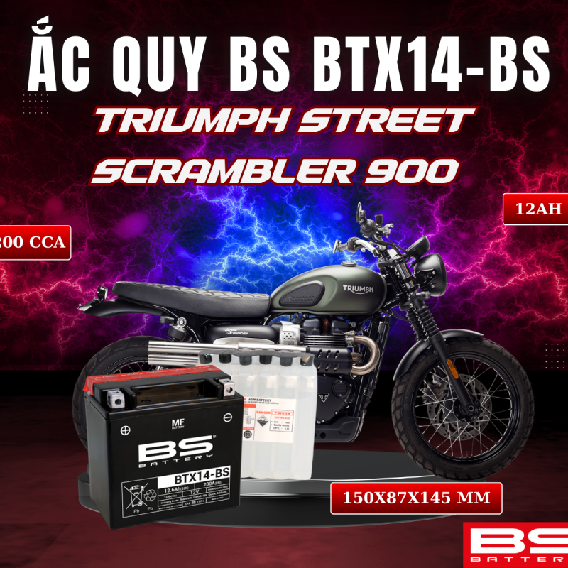 ẮC QUY BS BTX14-BS 200CCA TRIUMPH STREET SCRAMBLER 900 (150x87x145 mm)