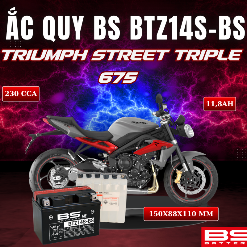 ẮC QUY BS BATTERY BTZ14S-BS 230CCA TRIUMPH STREET TRIPLE 675 (150 x 88 x 110mm)