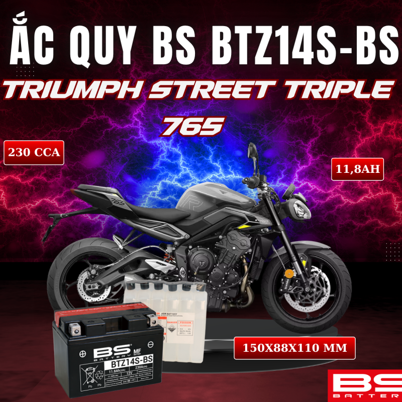 ẮC QUY BS BATTERY BTZ14S-BS 230CCA TRIUMPH STREET TRIPLE 765 (150 x 88 x 110mm)
