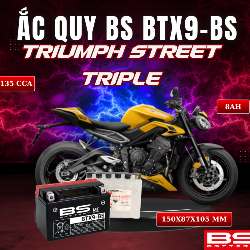 BÌNH ẮC QUY BS BATTERY BTX9-BS 135CCA TRIUMPH STREET TRIPLE (150 x 87 x 105 mm)