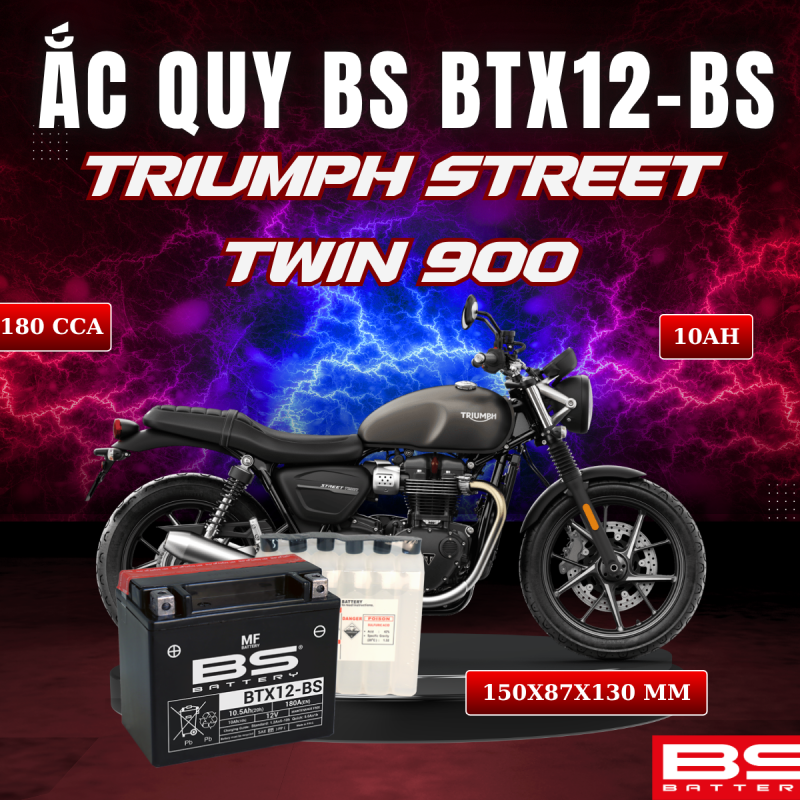 ẮC QUY BS BTX12-BS 180CCA TRIUMPH STREET TWIN 900 (150x87x130 mm)