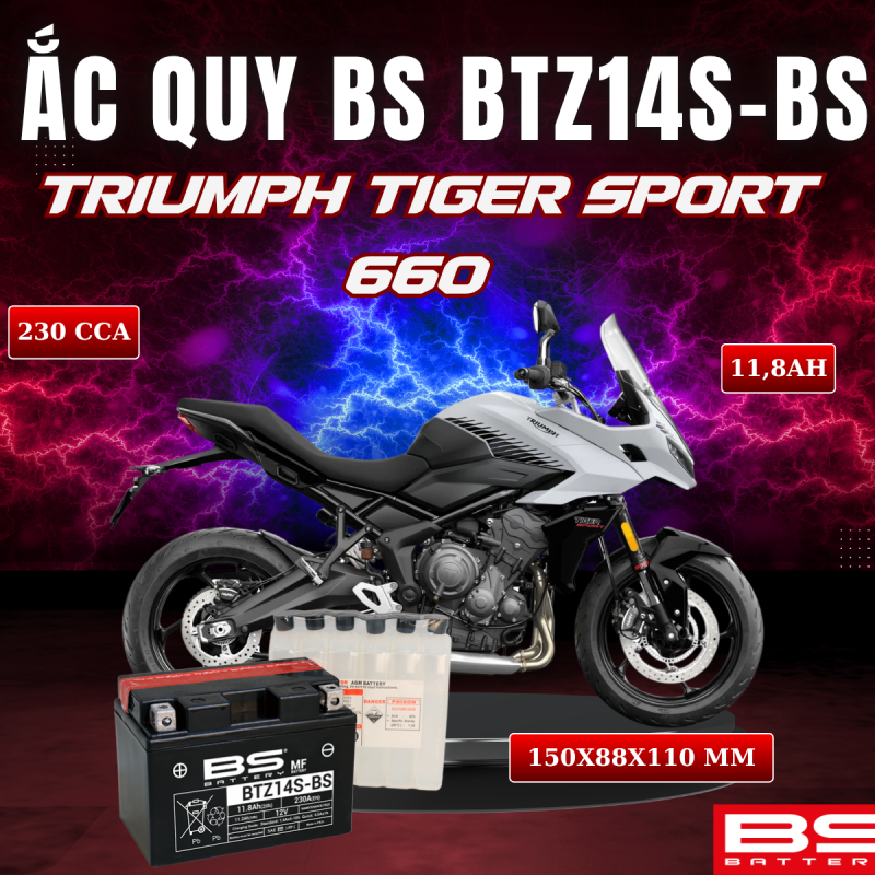 ẮC QUY BS BATTERY BTZ14S-BS 230CCA TRIUMPH TIGER SPORT 660 (150 x 88 x 110mm)
