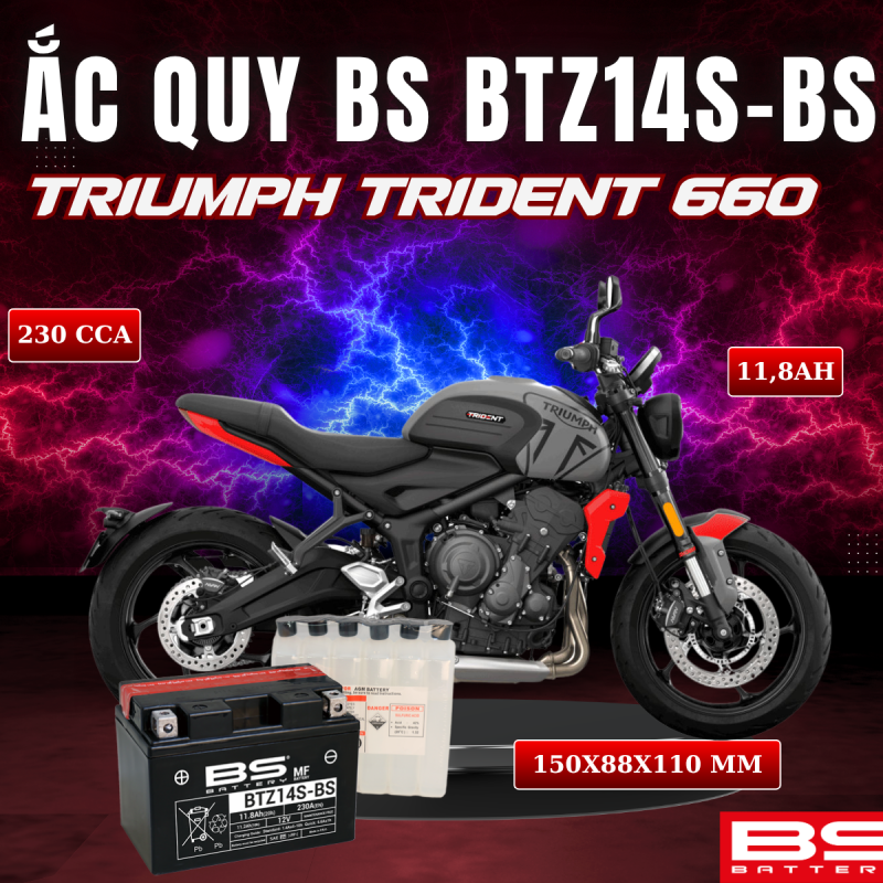 ẮC QUY BS BATTERY BTZ14S-BS 230CCA TRIUMPH TRIDENT 660 (150 x 88 x 110mm)