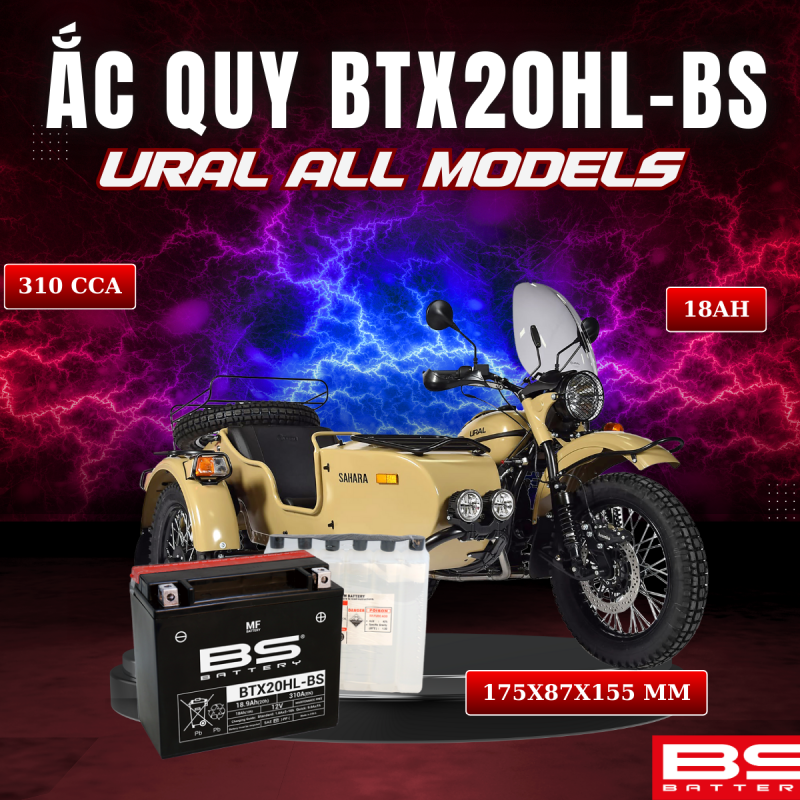 BÌNH ẮC QUY BS BTX20HL-BS 310CCA URAL ALL MODELS (175x87x155 mm)