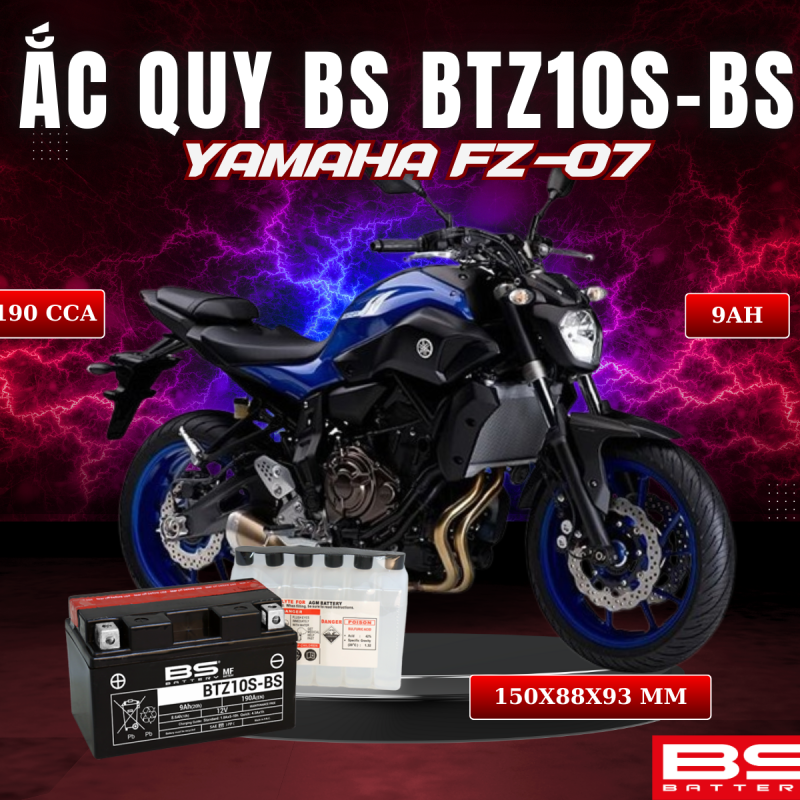 BÌNH ẮC QUY BS BATTERY BTZ10S-BS 190CCA YAMAHA FZ-07 (150 x 88 x 93 mm)