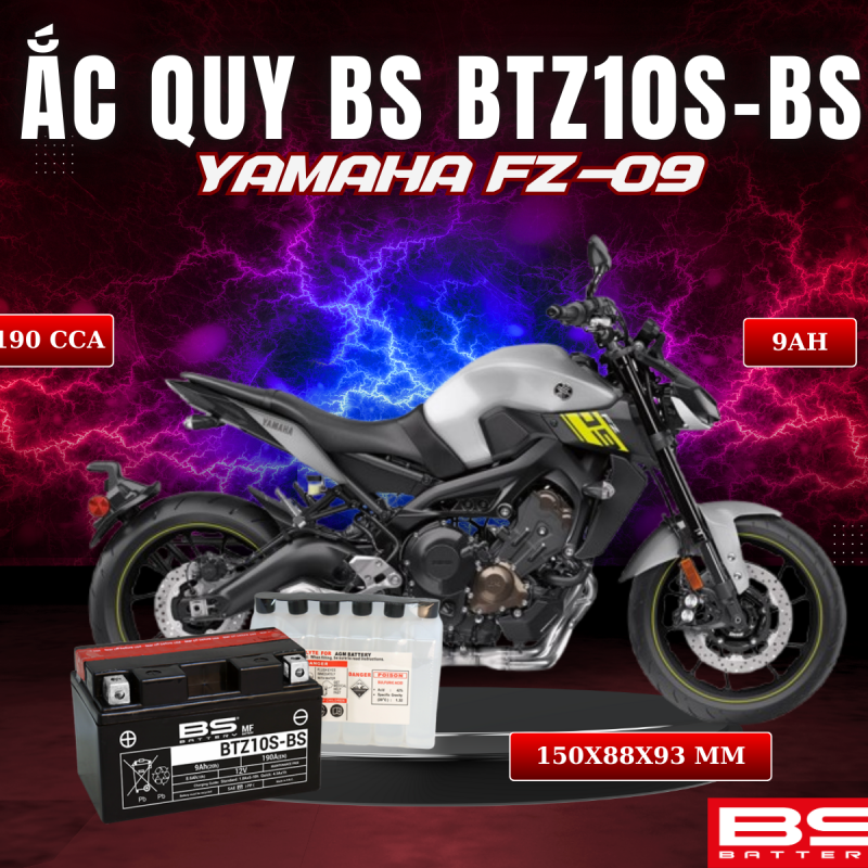 BÌNH ẮC QUY BS BATTERY BTZ10S-BS 190CCA YAMAHA FZ-09 (150 x 88 x 93 mm)