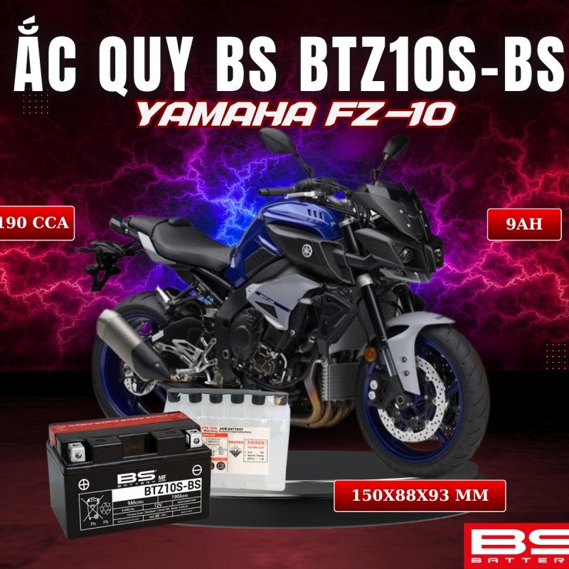 ẮC QUY BS BATTERY BTZ10S-BS 190CCA  BTZ10S-BS YAMAHA FZ10 (150 x 88 x 93 mm)