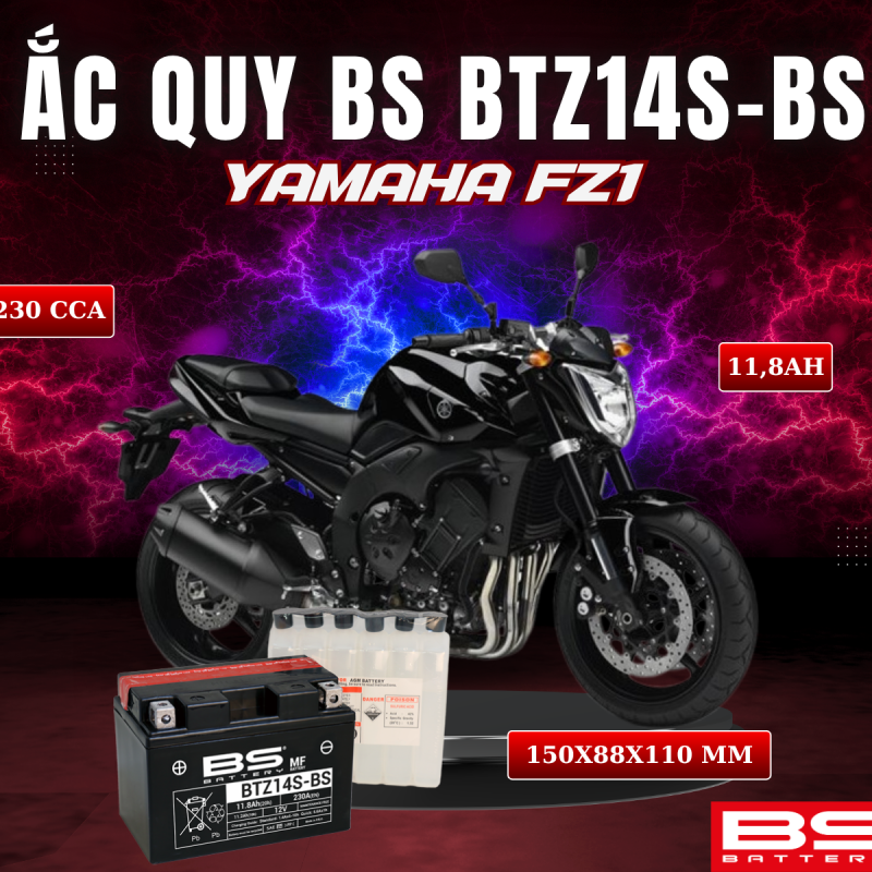 ẮC QUY BS BATTERY BTZ14S-BS 230CCA YAMAHA FZ1 (150 x 88 x 110mm)
