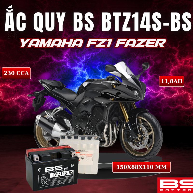 ẮC QUY BS BATTERY BTZ14S-BS 230CCA YAMAHA FZ1 FAZER (150 x 88 x 110mm)