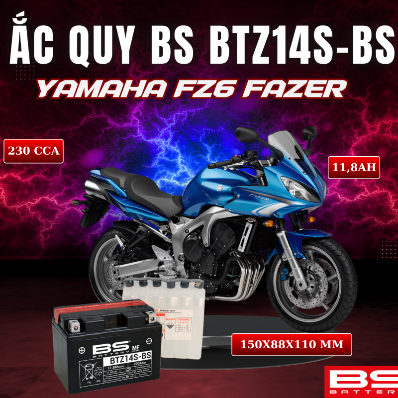 ẮC QUY BS BATTERY BTZ14S-BS 230CCA YAMAHA FZ6 FAZER (150 x 88 x 110mm)
