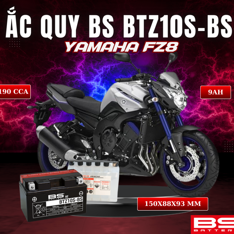 BÌNH ẮC QUY BS BATTERY BTZ10S-BS 190CCA YAMAHA FZ8 (150 x 88 x 93 mm)