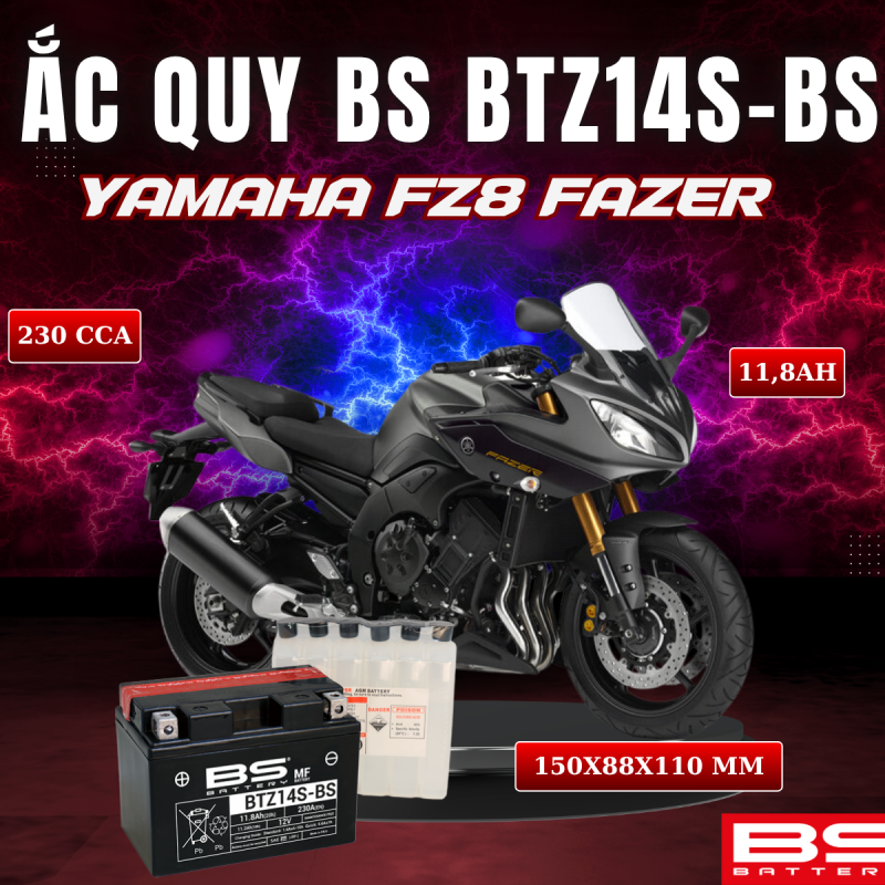 ẮC QUY BS BATTERY BTZ14S-BS 230CCA  YAMAHA FZ8 FAZER (150 x 88 x 110mm)