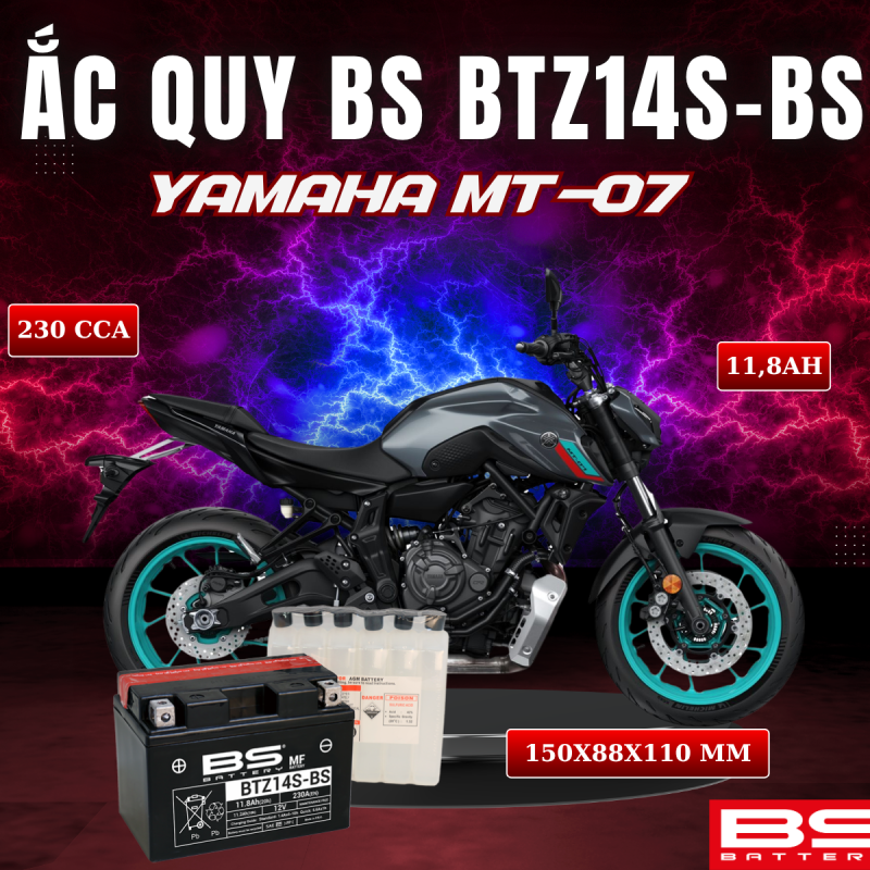 ẮC QUY BS BATTERY BTZ14S-BS 230CCA YAMAHA MT-07 (150 x 88 x 110mm)