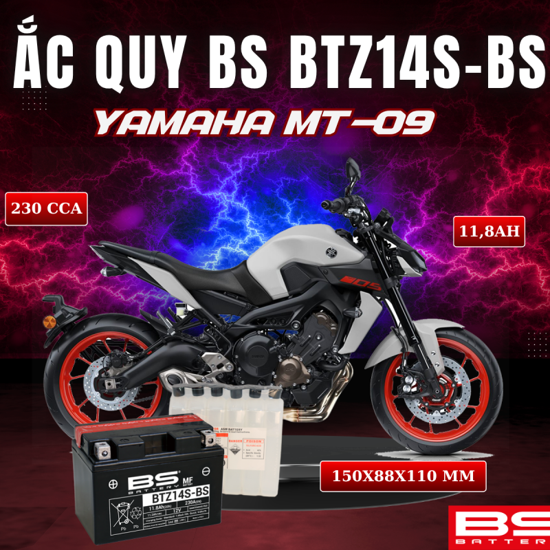 ẮC QUY BS BATTERY BTZ14S-BS 230CCA YAMAHA MT-09 (150 x 88 x 110mm)