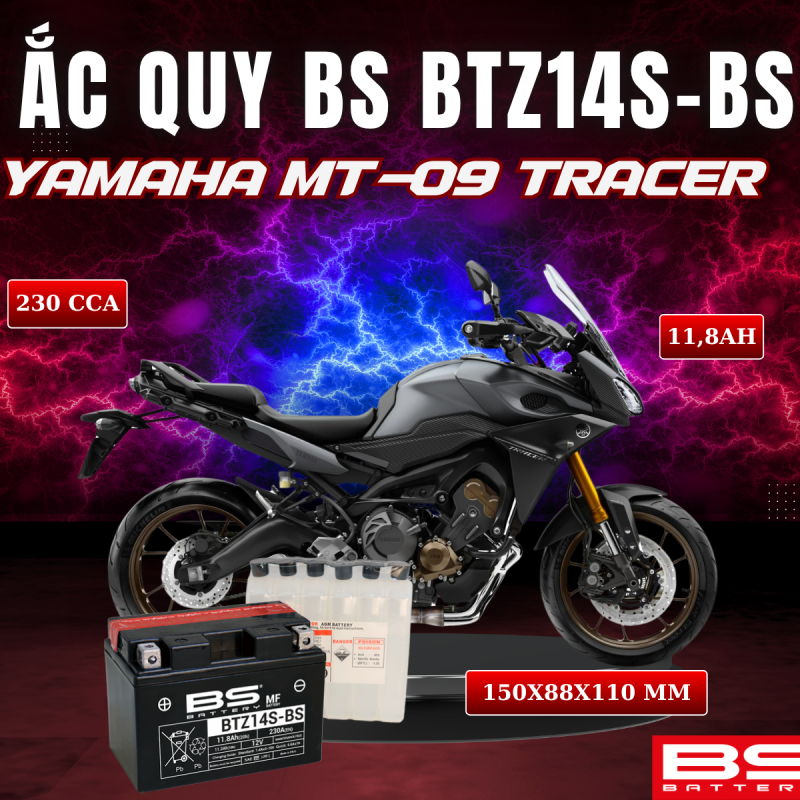 ẮC QUY BS BATTERY BTZ14S-BS 230CCA YAMAHA MT-09 TRACER (150 x 88 x 110mm)